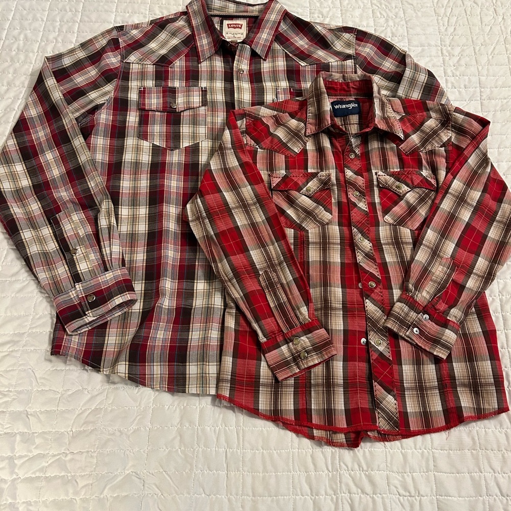 Father & Son Western Red Plaid Pearl Snap Shirt Bundle – Men L, Youth L